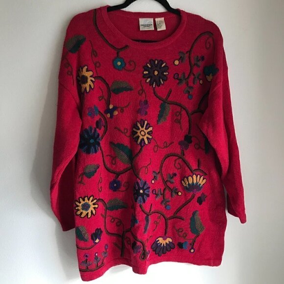 Innovation Sport Red Floral Hand Embroidered Cotton Tunic Sweater Size M - Picture 2 of 5